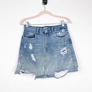 2/$30 ZARA Ripped Destroyed Cutoff Denim Skirt Small Mid Wash A-Line#6626